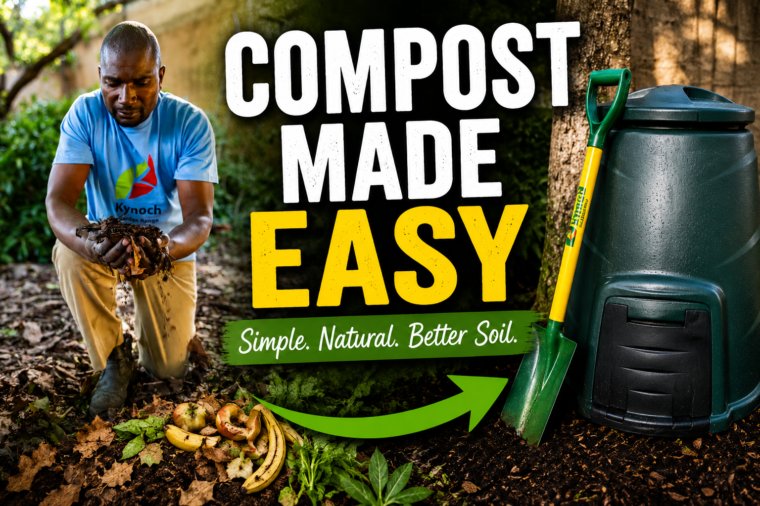 Gardener demonstrating homemade compost beside a compost bin with organic waste and gardening tools to promote healthy soil and easy composting.