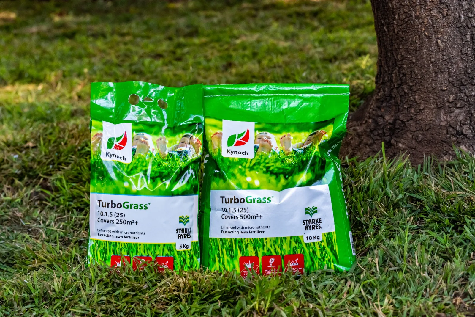 TurboGrass fertiliser packs on a lawn