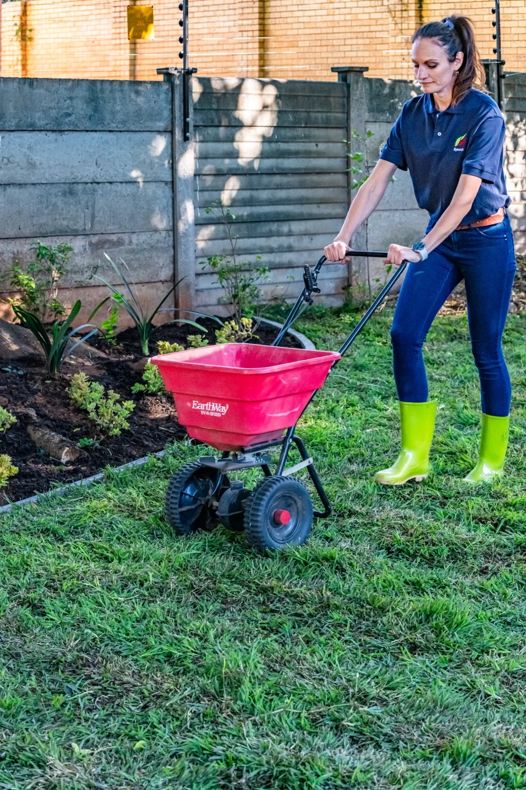 Applying fertiliser to a lawn with a spreader